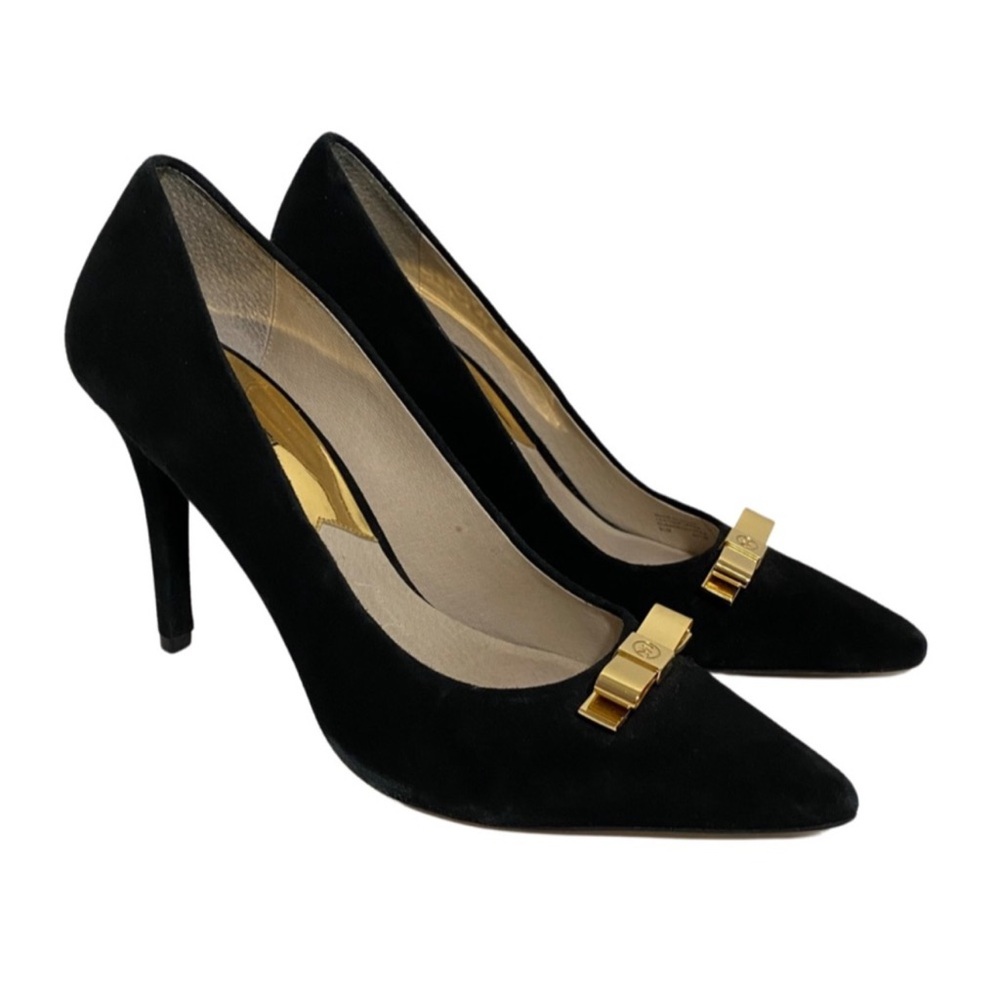 Michael Kors Black Suede Pointy Toe Heels Pumps w/ Gold Bows